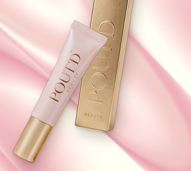 Pout'd Lip Plumper on silk, close up: a cruelty-free, paraben-free glossy lip plumper, $25
